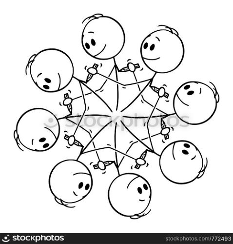 Vector cartoon stick figure drawing conceptual illustration of circular element of eight men drawing each other with pencil creating endless circle.. Vector Cartoon of Circular Graphical Element of Men Drawing Each Other with Pencil