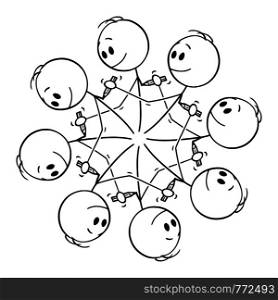 Vector cartoon stick figure drawing conceptual illustration of circular element of eight men drawing each other with pencil creating endless circle.. Vector Cartoon of Circular Graphical Element of Men Drawing Each Other with Pencil