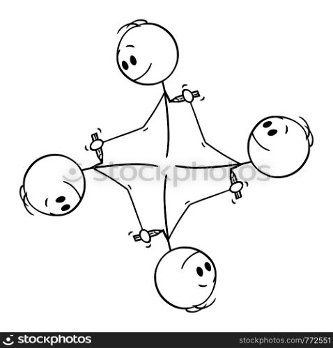 Vector cartoon stick figure drawing conceptual illustration of circular element of four men drawing each other with pencil creating endless circle.. Vector Cartoon of Circular Graphical Element of Men Drawing Each Other with Pencil