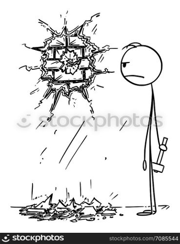 Vector cartoon stick figure drawing conceptual illustration of clumsy angry man, who destroyed the wall or plaster while tried to hammer or knock a nail or hook in to wall.. Vector Cartoon of Clumsy Man Trying to Hammer a Nail or Hook in to Wall and Destroying the Wall or Plaster Around