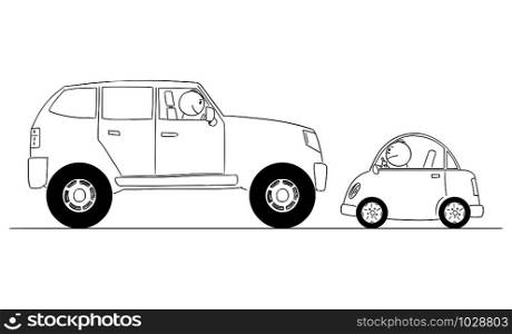 Vector cartoon stick figure drawing conceptual illustration of comparison of big and small car or expensive and cheap vehicles or rich and poor drivers.. Vector Cartoon Illustration of Comparison of Small and Big Cars or Rich and Poor Drivers Options
