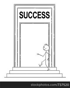 Vector cartoon stick figure drawing conceptual illustration of confident man or businessman walking through big door with Success sign and entering building as metaphor of future.. Vector Cartoon of Confident Man or Businessman Walking Through Big Door with Success Sign