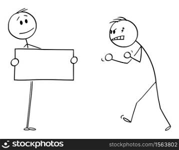 Vector cartoon stick figure drawing conceptual illustration of confident person facing aggressive angry violent man with empty sign in hands.. Vector Cartoon Illustration of Confident Person Facing Angry Aggressive Violent Man With Empty Sign in His Hands