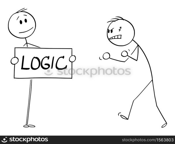 Vector cartoon stick figure drawing conceptual illustration of confident person facing aggressive angry violent man with logic sign in hands.. Vector Cartoon Illustration of Confident Person Facing Angry Aggressive Violent Man With Logic Sign in His Hands