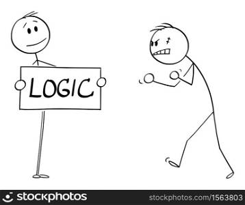 Vector cartoon stick figure drawing conceptual illustration of confident person facing aggressive angry violent man with logic sign in hands.. Vector Cartoon Illustration of Confident Person Facing Angry Aggressive Violent Man With Logic Sign in His Hands
