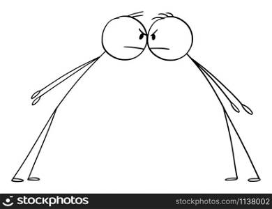 Vector cartoon stick figure drawing conceptual illustration of confrontation of two angry men or businessmen facing each other face to face.. Vector Cartoon Illustration of Confrontation of Two Angry Men or Businessmen Facing Each Other Face to Face
