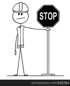 Vector cartoon stick figure drawing conceptual illustration of construction worker with hard hat holding stop traffic or road sign.. Vector Cartoon of Construction Worker Holding Stop Road Sign