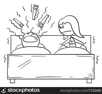 Vector cartoon stick figure drawing conceptual illustration of couple in bed in bedroom. Man is snoring loud and woman can't sleep.. Vector Cartoon of Couple in Bed and Man Snoring, Woman Can't Sleep