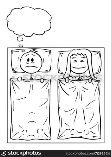 Vector cartoon stick figure drawing conceptual illustration of couple lying in bed, woman is sleeping, man can&rsquo;t sleep, thinking about problem or suffering insomnia.. Vector Cartoon of Couple Lying in Bed, Woman is Sleeping, Man is Thinking About Problem or Suffering Insomnia