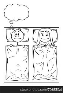 Vector cartoon stick figure drawing conceptual illustration of couple lying in bed, woman is sleeping, man can&rsquo;t sleep, thinking about problem or suffering insomnia.. Vector Cartoon of Couple Lying in Bed, Woman is Sleeping, Man is Thinking About Problem or Suffering Insomnia