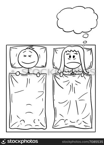 Vector cartoon stick figure drawing conceptual illustration of couple lying in bed, man is sleeping, woman can&rsquo;t sleep, thinking about problem or suffering insomnia.. Vector Cartoon of Couple Lying in Bed, Man is Sleeping, Woman is Thinking About Problem or Suffering Insomnia