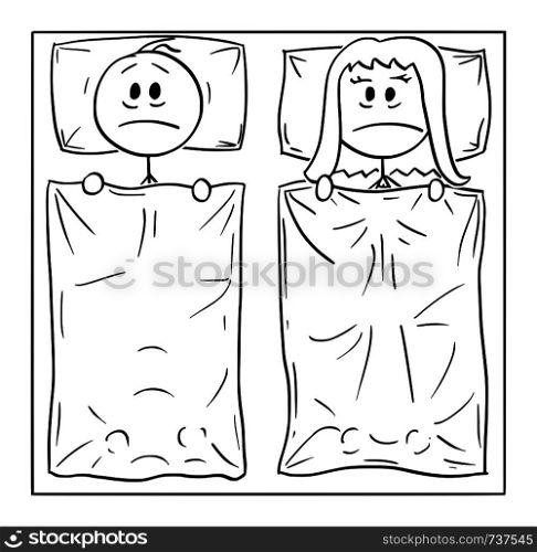 Vector cartoon stick figure drawing conceptual illustration of couple lying in bed, man and woman can't sleep, thinking about sexual problem or suffering insomnia.. Vector Cartoon of Couple Lying in Bed, Man and Woman Can't Sleep and Are Thinking About Sexual Problem or Suffering Insomnia