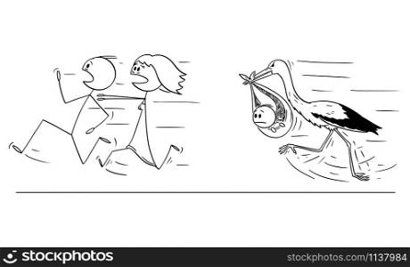 Vector cartoon stick figure drawing conceptual illustration of couple of man and woman running away from stork carrying baby. Concept of postponing or rejecting parenthood.. Vector Cartoon Illustration of Couple or Parents Running Away from Stork Carrying Baby, Concept of Postponing or Rejecting Parenthood