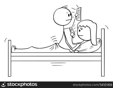 Vector cartoon stick figure drawing conceptual illustration of couple of man and woman in bed, both are using mobile phone while having sex or sexual intercourse.. Vector Cartoon Illustration of Couple of Man and Woman in Bed Having Sex While Both Are Using Mobile Phone