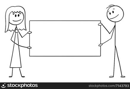 Vector cartoon stick figure drawing conceptual illustration of couple of man and woman holding big empty sign.. Vector Cartoon Illustration of Couple of Man and Woman Holding Big Empty Sign