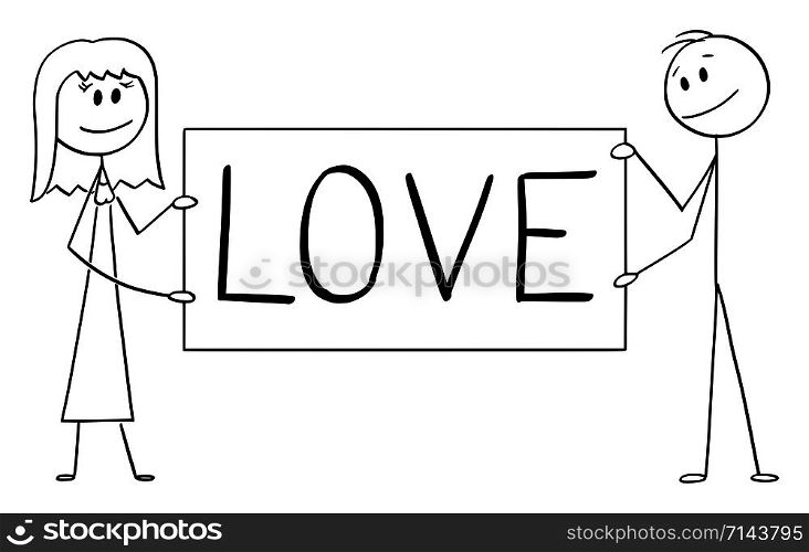 Vector cartoon stick figure drawing conceptual illustration of couple of man and woman holding big love sign.. Vector Cartoon Illustration of Couple of Man and Woman Holding Big Love Sign