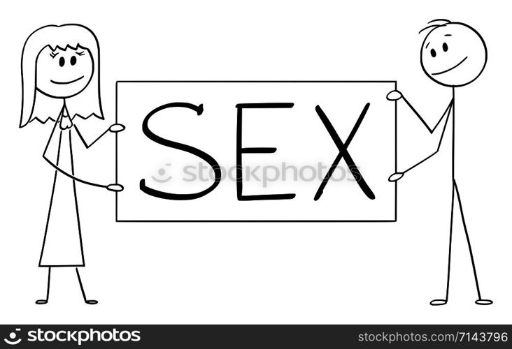 Vector cartoon stick figure drawing conceptual illustration of couple of man and woman holding big sex sign.. Vector Cartoon Illustration of Couple of Man and Woman Holding Big Sex Sign