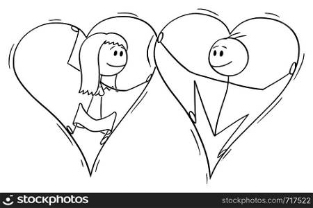 Vector cartoon stick figure drawing conceptual illustration of couple of man and woman in love trapped inside of big hearts.. Vector Cartoon of Couple of Man and Woman in Love Trapped Together Inside of Big Hearts
