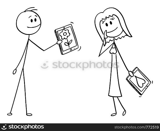 Vector cartoon stick figure drawing conceptual illustration of couple of man and woman on date, man os giving her flower on mobile device, tablet or cell phone.. Vector Cartoon of Couple of Man and Woman on Date, Man si Giving Her Flower on Tablet or Mobile Phone