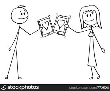 Vector cartoon stick figure drawing conceptual illustration of couple of man and woman on date, giving each other heart on mobile device, tablet or phones or cellphones or smartphones.. Vector Cartoon of Couple of Man and Woman on Date with Mobile Devices, Tablets or Phones or Smartphones