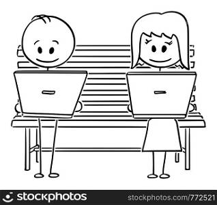 Vector cartoon stick figure drawing conceptual illustration of couple of man and woman using social media or working on computers while sitting on park bench.. Vector Cartoon of Couple of Man and Woman Sitting on Park Bench and Watching Computer Screens