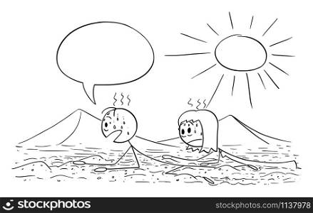 Vector cartoon stick figure drawing conceptual illustration of couple, tourists or travelers creeping or crawling on the hot sand desert on Sun, Man is saying something.. Vector Cartoon Illustration of Couple of Man and Woman Creeping or Crawling on the Hot Sand Desert on Sun, Man Is Saying Something