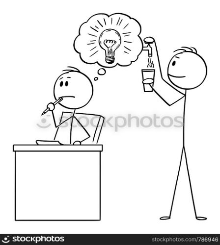 Vector cartoon stick figure drawing conceptual illustration of creative man or businessman thinking about problem and another man exploiting his creativity.. Vector Cartoon of Creative Man or Businessman Thinking About Problem and Another Man Exploiting His Creativity