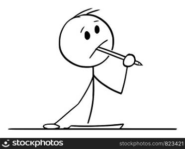Vector cartoon stick figure drawing conceptual illustration of creative man or businessman or writer thinking about something, with ballpoint pen in mouth and piece of paper on the table.. Vector Cartoon of Creative Man or Businessman or Writer Thinking About Something With Ballpoint Pen in Mouth