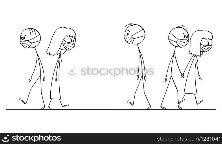 Vector cartoon stick figure drawing conceptual illustration of crowd of people walking on the street, with facial masks to protect yourself from pollution of coronavirus virus infection.. Vector Cartoon Illustration of Crowd of People Walking on the Street With Mask to Protect Yourself From Pollution of or Coronavirus Virus Infection