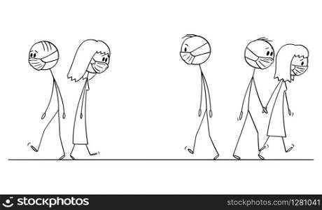 Vector cartoon stick figure drawing conceptual illustration of crowd of people walking on the street, with facial masks to protect yourself from pollution of coronavirus virus infection.. Vector Cartoon Illustration of Crowd of People Walking on the Street With Mask to Protect Yourself From Pollution of or Coronavirus Virus Infection