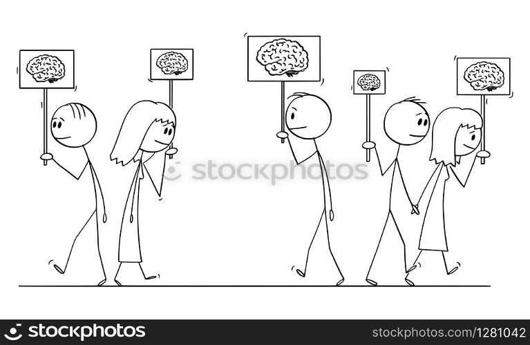 Vector cartoon stick figure drawing conceptual illustration of crowd of people walking on the street holding signs with brain image showing their intellect. Concept of human intelligence.. Vector Cartoon Illustration of Crowd of People Walking on the Street Holding Signs With Brain Image to Show Their Intellect. Human Intelligence Distribution Concept.