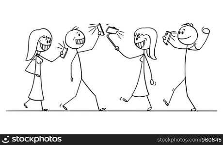 Vector cartoon stick figure drawing conceptual illustration of crowd or group of people walking with mobile phones and taking selfie.. Vector Cartoon Illustration of Group or Crowd of People Walking with Mobile Phones and Taking Selfie
