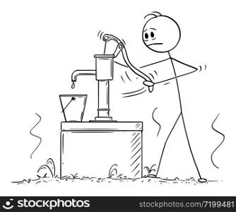 Vector cartoon stick figure drawing conceptual illustration of depressed man or farmer trying to pump or draw water From Empty Dry Well. Vector Cartoon Illustration of Man or Farmer Trying to Draw or Pump Water From Dry Empty Well