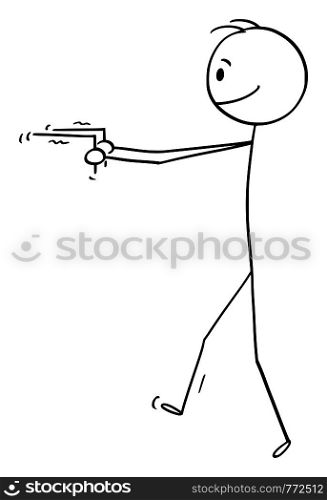 Vector cartoon stick figure drawing conceptual illustration of diviner or dowser searching for water in ground.. Vector Cartoon of Dowser or Diviner Searching for Water in Ground