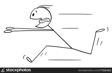 Vector cartoon stick figure drawing conceptual illustration of eager or keen man running fast for something with tongue stick out and flying.. Vector Cartoon Illustration of Keen or Eager Man Running Fast for Something With His Tongue Stick Out and Flying