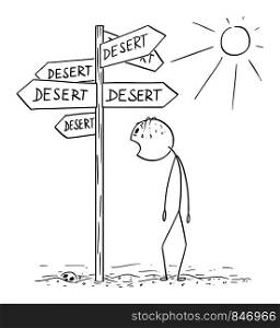 Vector cartoon stick figure drawing conceptual illustration of exhausted and thirsty man walking on hot desert and found signpost showing desert in many directions.. Vector Cartoon of Exhausted and Thirsty Man Walking and Found Signpost with Desert Text