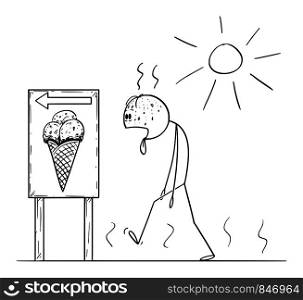 Vector cartoon stick figure drawing conceptual illustration of exhausted man walking in sunny day in summer to buy ice cream with tongue lolling out.. Vector Cartoon of Man Thirsty Exhausted Man Walking in Summer or Sunny Day to Buy Ice Cream