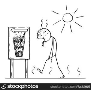 Vector cartoon stick figure drawing conceptual illustration of exhausted man walking in sunny day in summer to buy cold drink or soda with tongue lolling out.. Vector Cartoon of Man Thirsty Exhausted Man Walking in Summer or Sunny Day to Buy Cold Drink or Soda