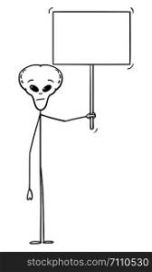 Vector cartoon stick figure drawing conceptual illustration of extraterrestrial alien holding empty sign ready for your text.. Vector Cartoon of Extraterrestrial Alien Holding Empty Sign Ready for Your Text