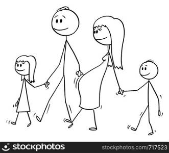 Vector cartoon stick figure drawing conceptual illustration of family of man and pregnant woman walking together and holding hands with two children, boy and girl.. Vector Cartoon of Family of Man and Pregnant Woman Walking Together With Two Children