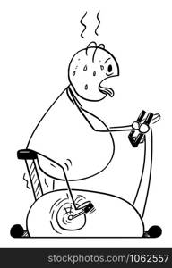 Vector cartoon stick figure drawing conceptual illustration of fat or overweight man riding exercise bike or stationary bicycle. Concept of healthy lifestyle.. Vector Cartoon Illustration of Fat or Overweight Man Riding Exercise Bike or Stationary Bicycle