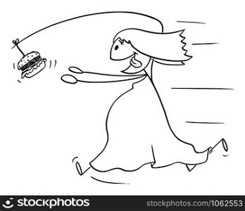 Vector cartoon stick figure drawing conceptual illustration of fat overweight woman chasing unhealthy junk food burger or hamburger on fishing rod attached to his back.. Vector Cartoon Illustration of Fat Overweight Woman Chasing Unhealthy Food Burger on Fishing Rod Attached to His Back
