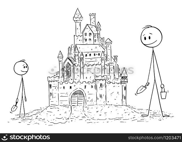 Vector cartoon stick figure drawing conceptual illustration of father building sand castle with son. Parenthood and Childhood.. Vector Cartoon Illustration of Father or Dad Building Sand Castle with Son.