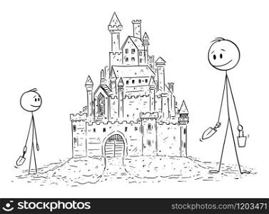 Vector cartoon stick figure drawing conceptual illustration of father building sand castle with son. Parenthood and Childhood.. Vector Cartoon Illustration of Father or Dad Building Sand Castle with Son.