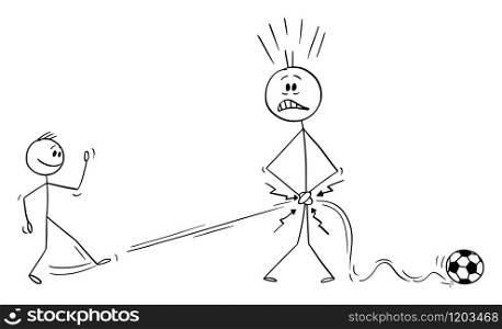 Vector cartoon stick figure drawing conceptual illustration of father or man plying football or soccer with son and being hit by ball in crotch. Parenthood troubles.. Vector Cartoon Illustration of Man or Father Playing Soccer or Football with His Son and Being Hit by Ball in Crotch