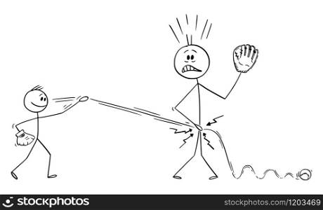 Vector cartoon stick figure drawing conceptual illustration of father or man plying baseball with son and being hit by ball in crotch. Parenthood troubles.. Vector Cartoon Illustration of Man or Father Playing Baseball with His Son and Being Hit by Ball in Crotch