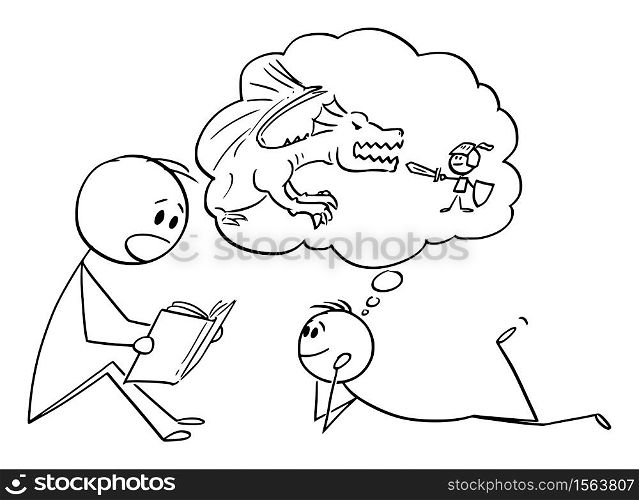 Vector cartoon stick figure drawing conceptual illustration of father or parent reading book to his son or child.. Vector Cartoon Illustration of Father or Parent Reading Book to His Son or Child