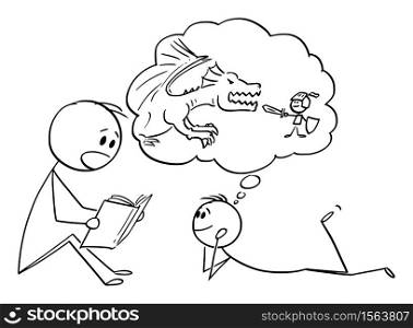 Vector cartoon stick figure drawing conceptual illustration of father or parent reading book to his son or child.. Vector Cartoon Illustration of Father or Parent Reading Book to His Son or Child