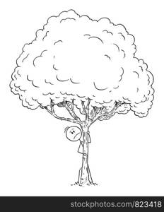 Vector cartoon stick figure drawing conceptual illustration of fearful or worried or afraid or curious man hiding behind tree.. Vector Cartoon of Man of Fearful or Worried or Curious Man Hiding Behind Tree