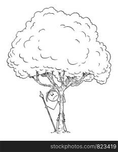 Vector cartoon stick figure drawing conceptual illustration of fearful or worried or afraid or curious native or prehistoric man hiding behind tree.. Vector Cartoon of Man of Fearful or Worried or Curious Native or Prehistoric Man Hiding Behind Tree